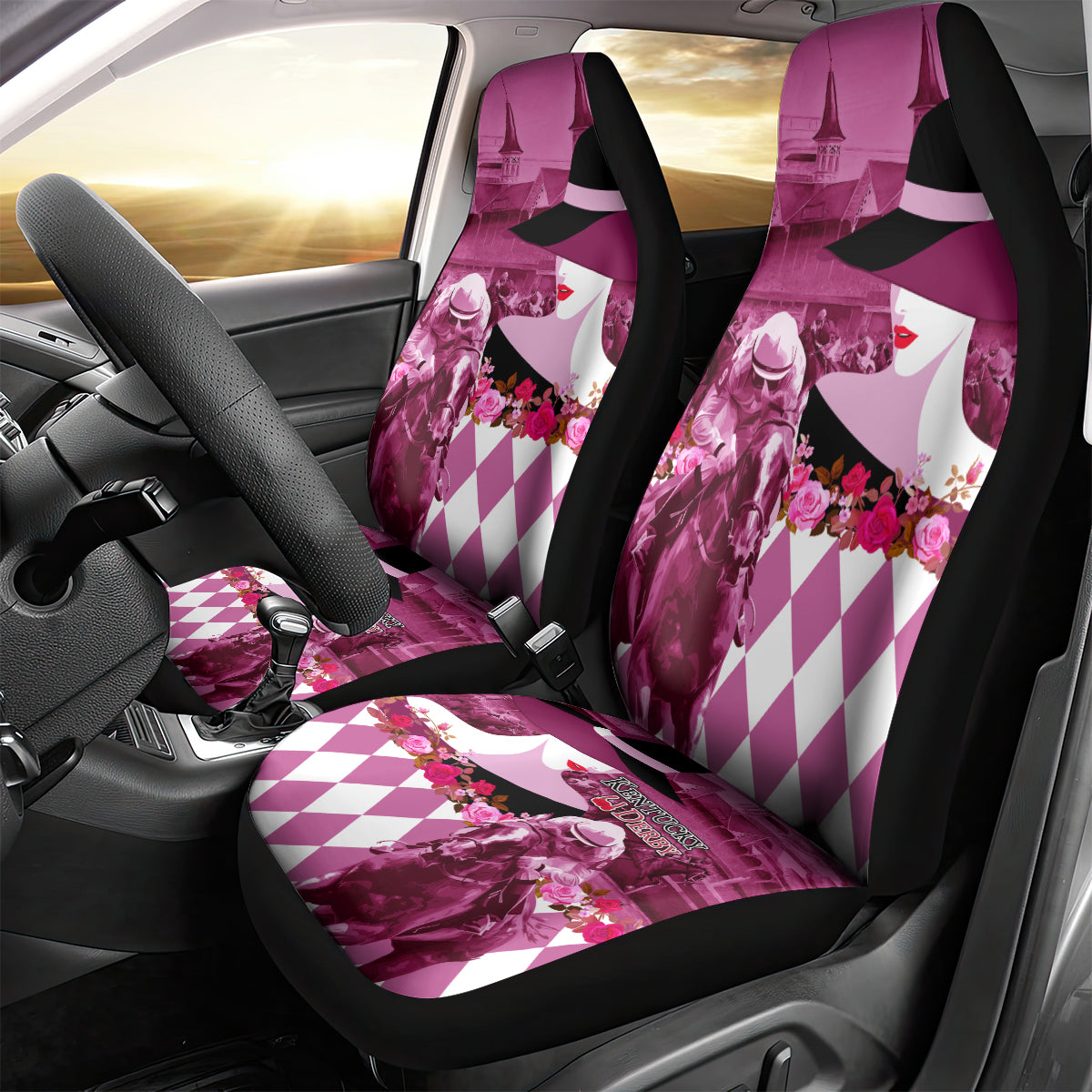 Kentucky Racing Horses Derby Hat Lady Car Seat Cover Churchill Downs and Roses Pink Out - Wonder Print Shop