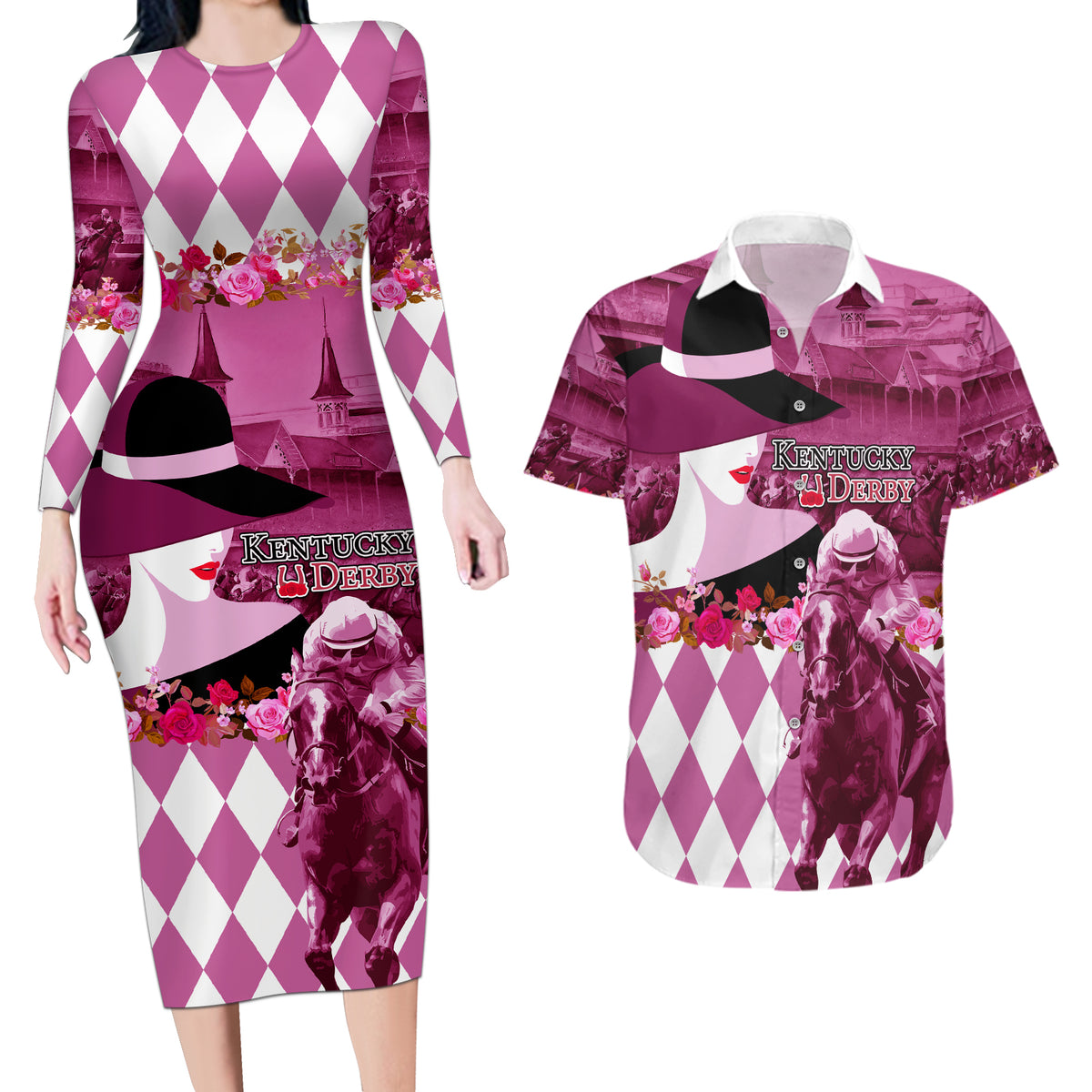 Kentucky Racing Horses Derby Hat Lady Couples Matching Long Sleeve Bodycon Dress and Hawaiian Shirt Churchill Downs and Roses Pink Out - Wonder Print Shop