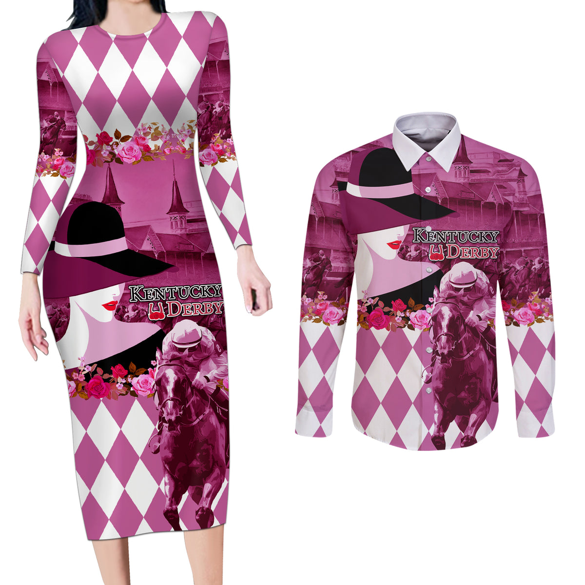 Kentucky Racing Horses Derby Hat Lady Couples Matching Long Sleeve Bodycon Dress and Long Sleeve Button Shirt Churchill Downs and Roses Pink Out - Wonder Print Shop