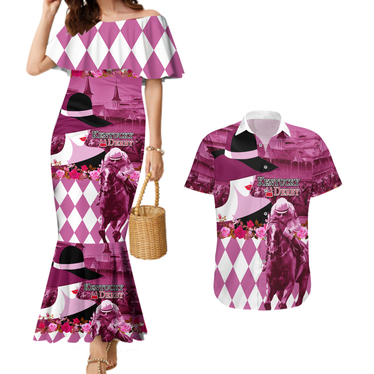 Kentucky Racing Horses Derby Hat Lady Couples Matching Mermaid Dress and Hawaiian Shirt Churchill Downs and Roses Pink Out - Wonder Print Shop