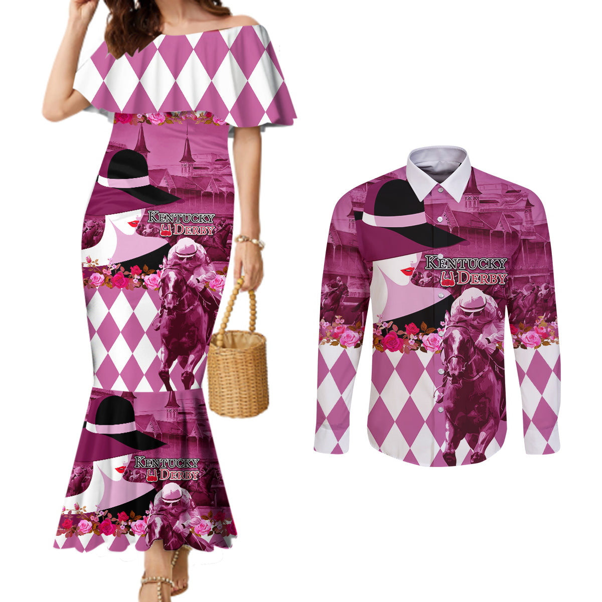 Kentucky Racing Horses Derby Hat Lady Couples Matching Mermaid Dress and Long Sleeve Button Shirt Churchill Downs and Roses Pink Out