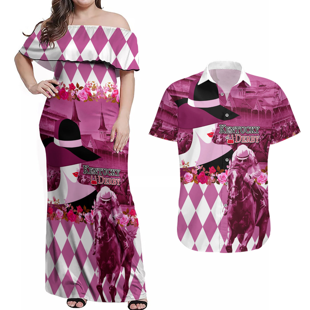 Kentucky Racing Horses Derby Hat Lady Couples Matching Off Shoulder Maxi Dress and Hawaiian Shirt Churchill Downs and Roses Pink Out - Wonder Print Shop