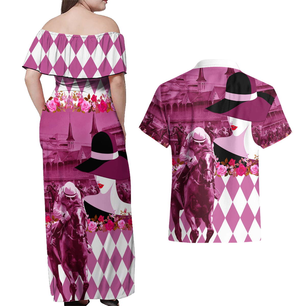 Kentucky Racing Horses Derby Hat Lady Couples Matching Off Shoulder Maxi Dress and Hawaiian Shirt Churchill Downs and Roses Pink Out - Wonder Print Shop