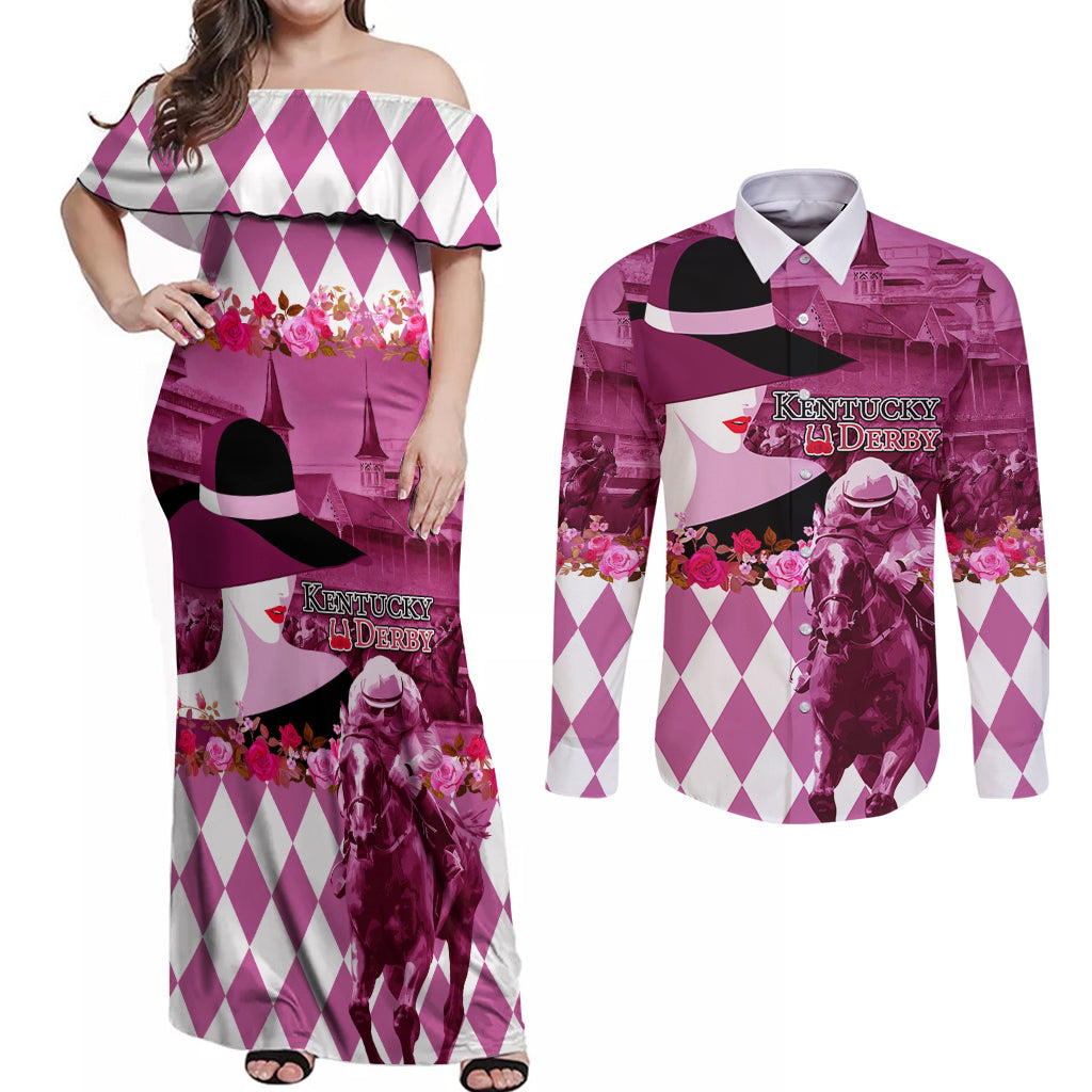 Kentucky Racing Horses Derby Hat Lady Couples Matching Off Shoulder Maxi Dress and Long Sleeve Button Shirt Churchill Downs and Roses Pink Out - Wonder Print Shop
