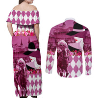 Kentucky Racing Horses Derby Hat Lady Couples Matching Off Shoulder Maxi Dress and Long Sleeve Button Shirt Churchill Downs and Roses Pink Out - Wonder Print Shop