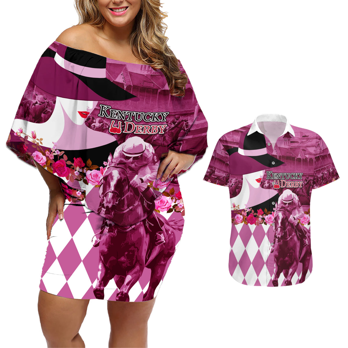 Kentucky Racing Horses Derby Hat Lady Couples Matching Off Shoulder Short Dress and Hawaiian Shirt Churchill Downs and Roses Pink Out - Wonder Print Shop