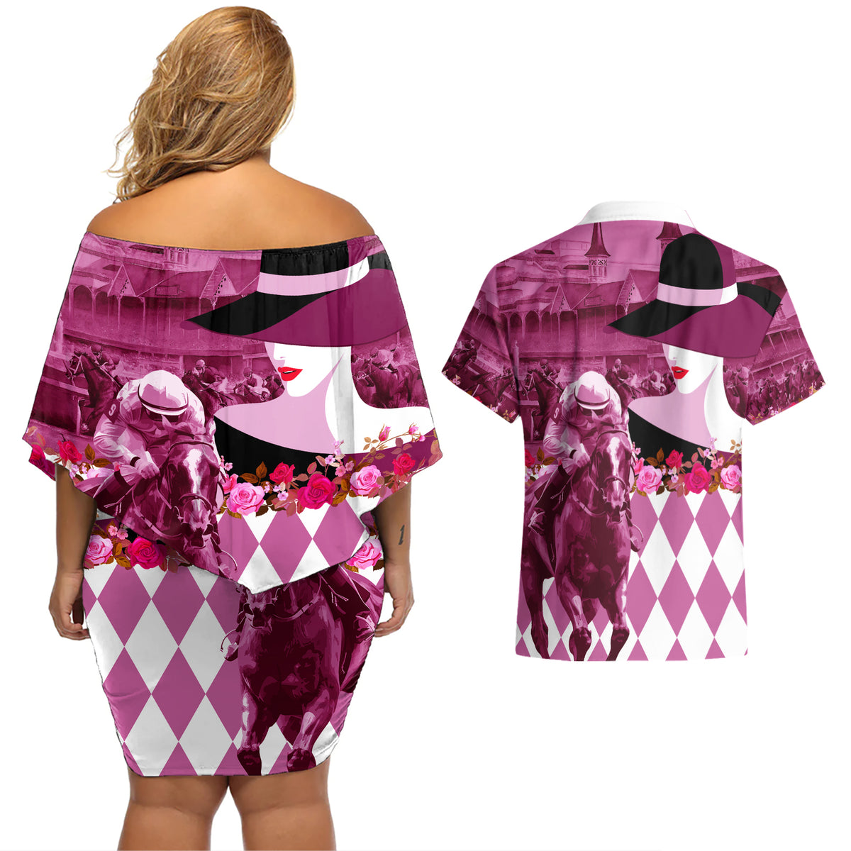 Kentucky Racing Horses Derby Hat Lady Couples Matching Off Shoulder Short Dress and Hawaiian Shirt Churchill Downs and Roses Pink Out - Wonder Print Shop