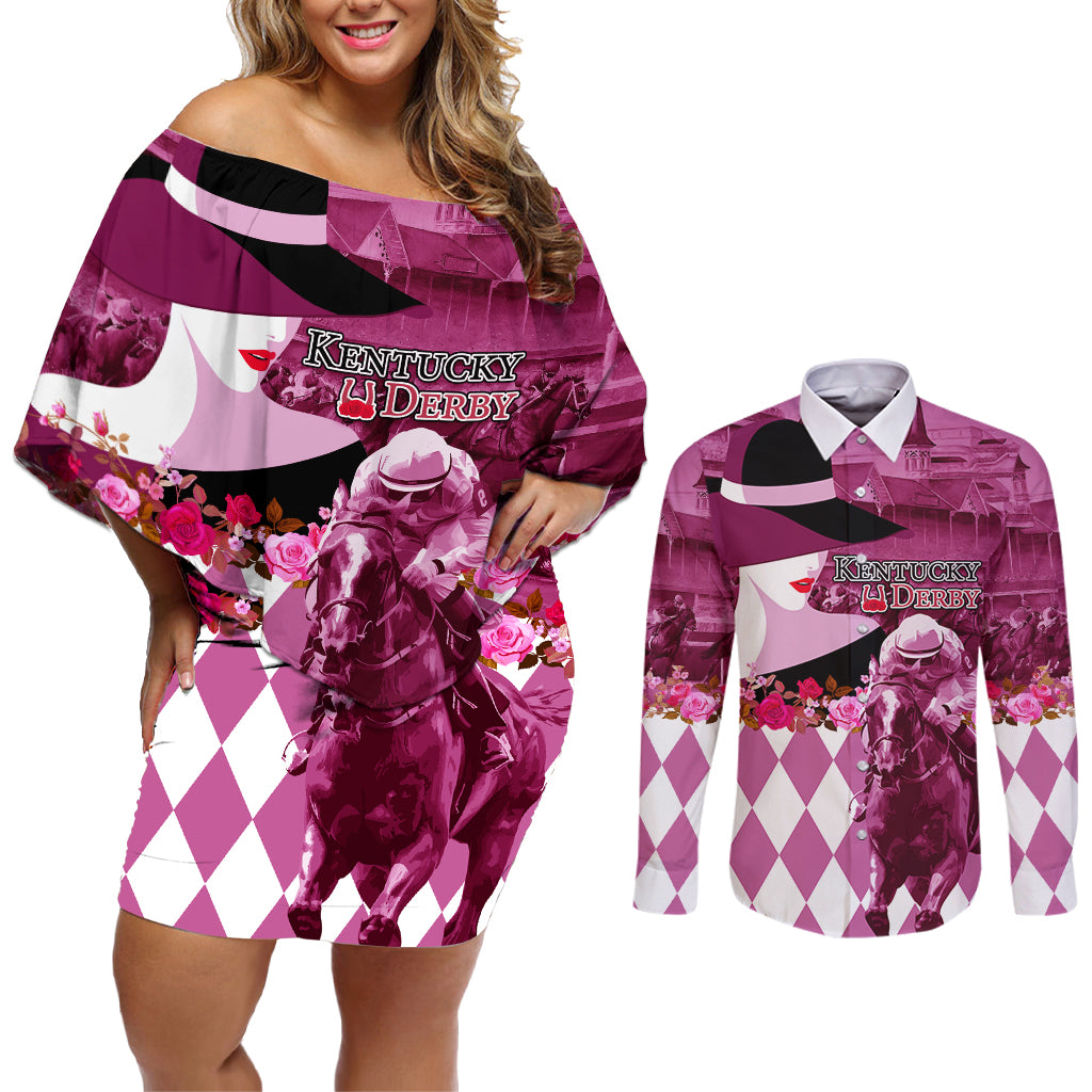 Kentucky Racing Horses Derby Hat Lady Couples Matching Off Shoulder Short Dress and Long Sleeve Button Shirt Churchill Downs and Roses Pink Out - Wonder Print Shop