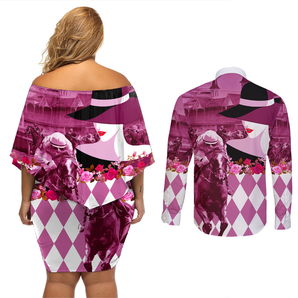 Kentucky Racing Horses Derby Hat Lady Couples Matching Off Shoulder Short Dress and Long Sleeve Button Shirt Churchill Downs and Roses Pink Out - Wonder Print Shop