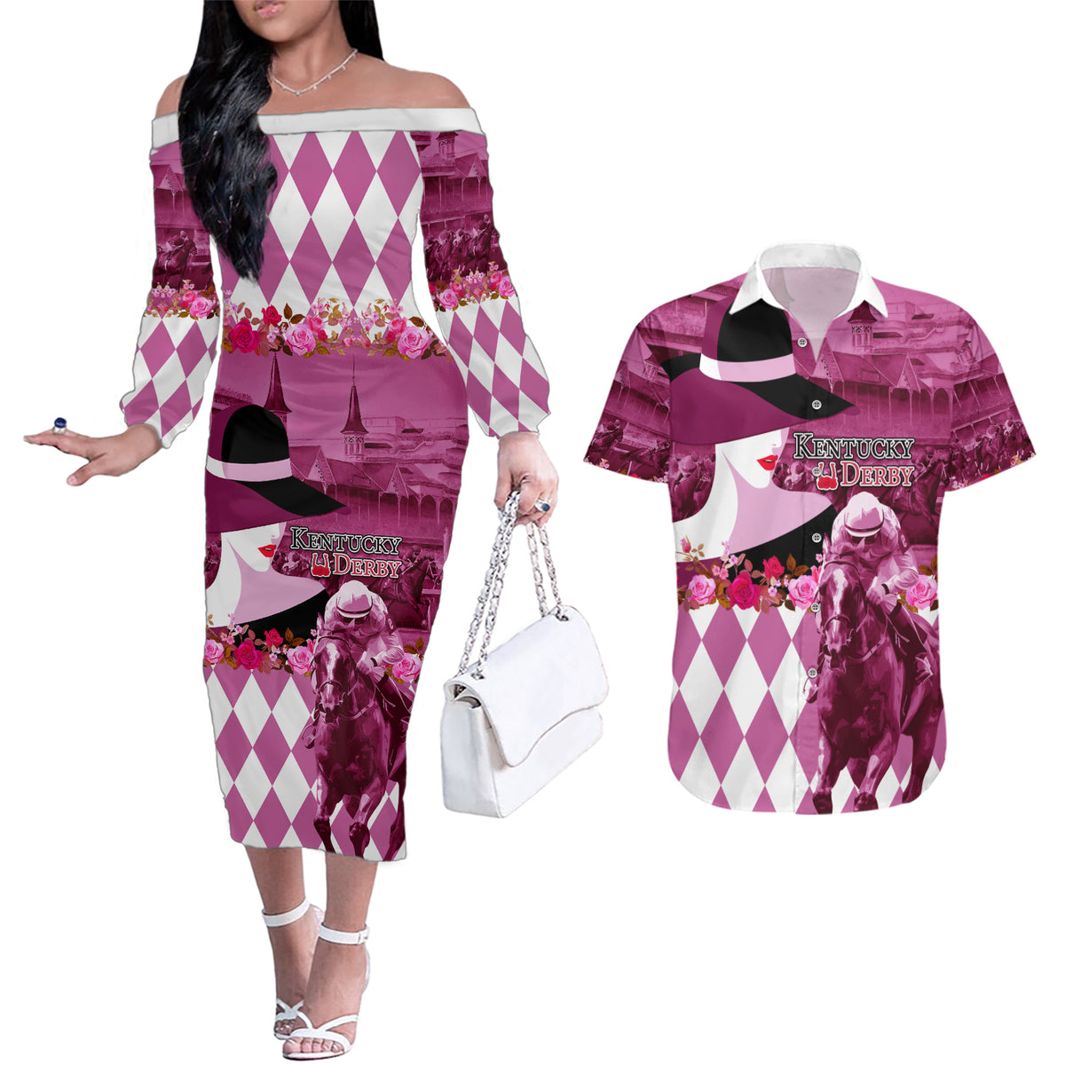 Kentucky Racing Horses Derby Hat Lady Couples Matching Off The Shoulder Long Sleeve Dress and Hawaiian Shirt Churchill Downs and Roses Pink Out - Wonder Print Shop