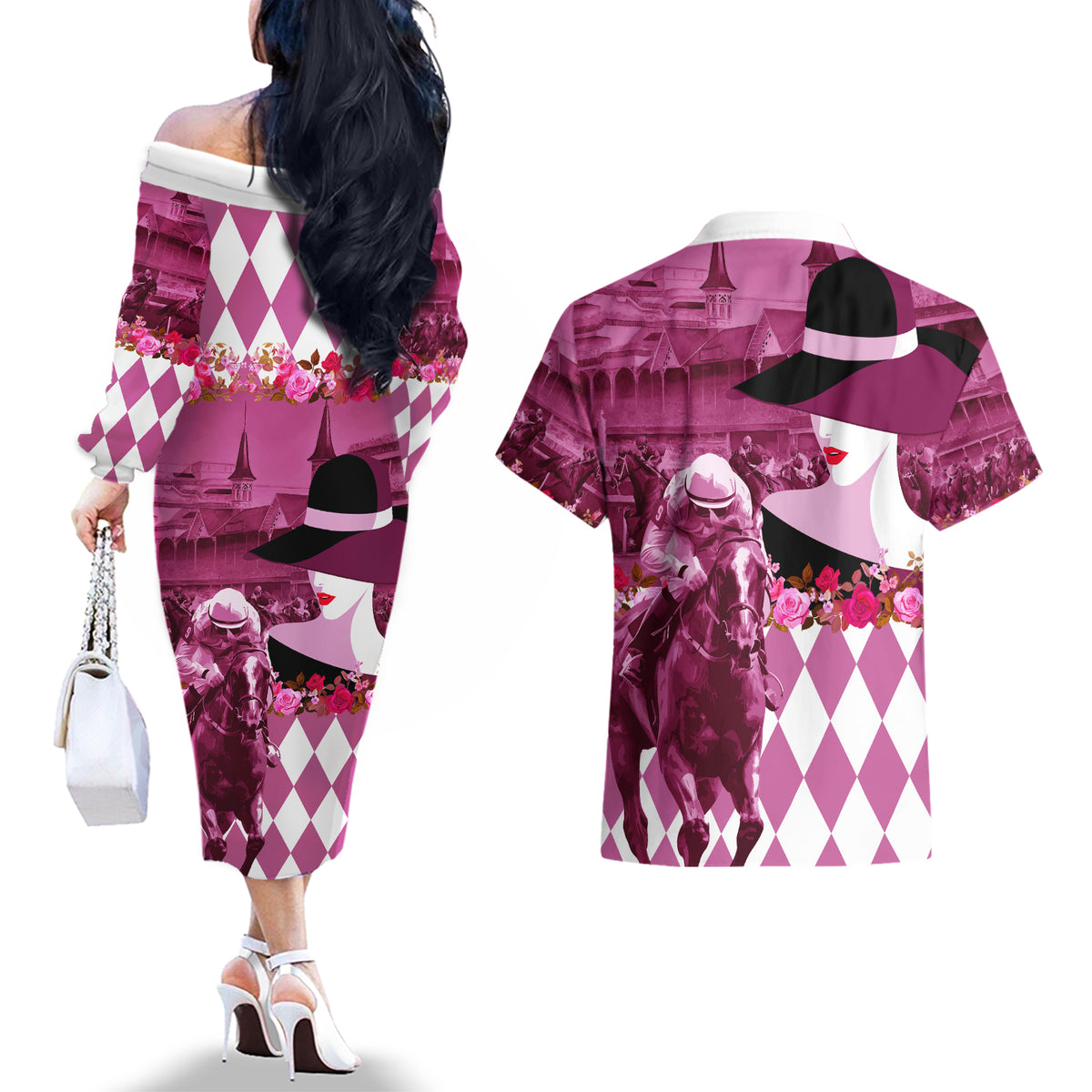 Kentucky Racing Horses Derby Hat Lady Couples Matching Off The Shoulder Long Sleeve Dress and Hawaiian Shirt Churchill Downs and Roses Pink Out - Wonder Print Shop
