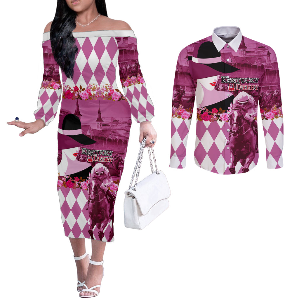 Kentucky Racing Horses Derby Hat Lady Couples Matching Off The Shoulder Long Sleeve Dress and Long Sleeve Button Shirt Churchill Downs and Roses Pink Out