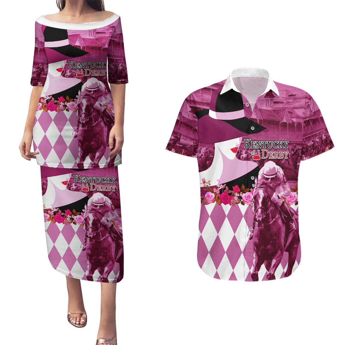 Kentucky Racing Horses Derby Hat Lady Couples Matching Puletasi and Hawaiian Shirt Churchill Downs and Roses Pink Out - Wonder Print Shop