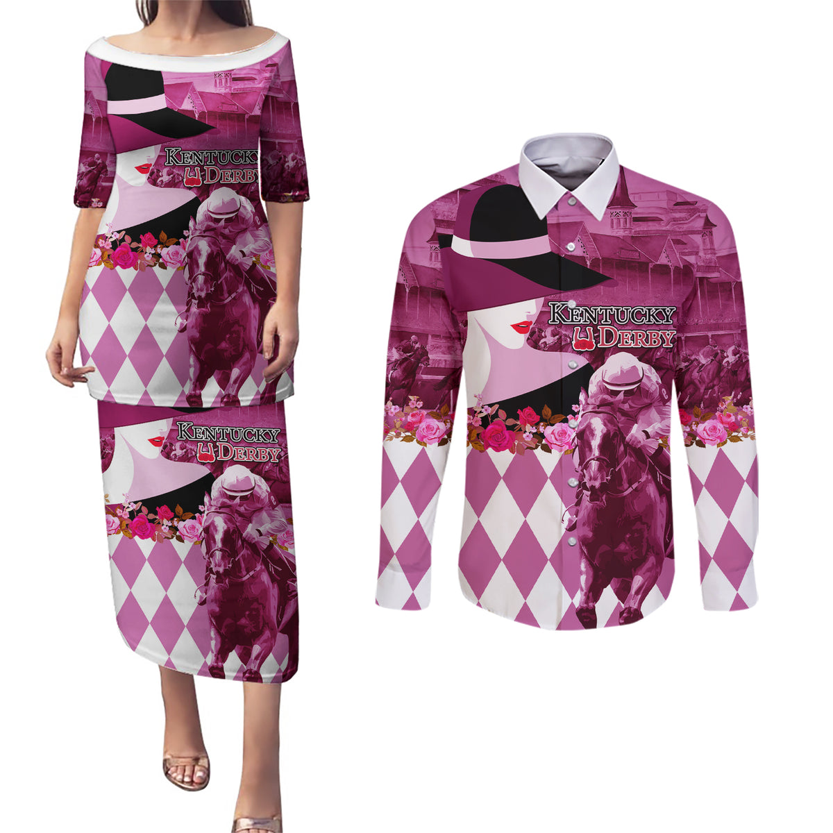 Kentucky Racing Horses Derby Hat Lady Couples Matching Puletasi and Long Sleeve Button Shirt Churchill Downs and Roses Pink Out - Wonder Print Shop