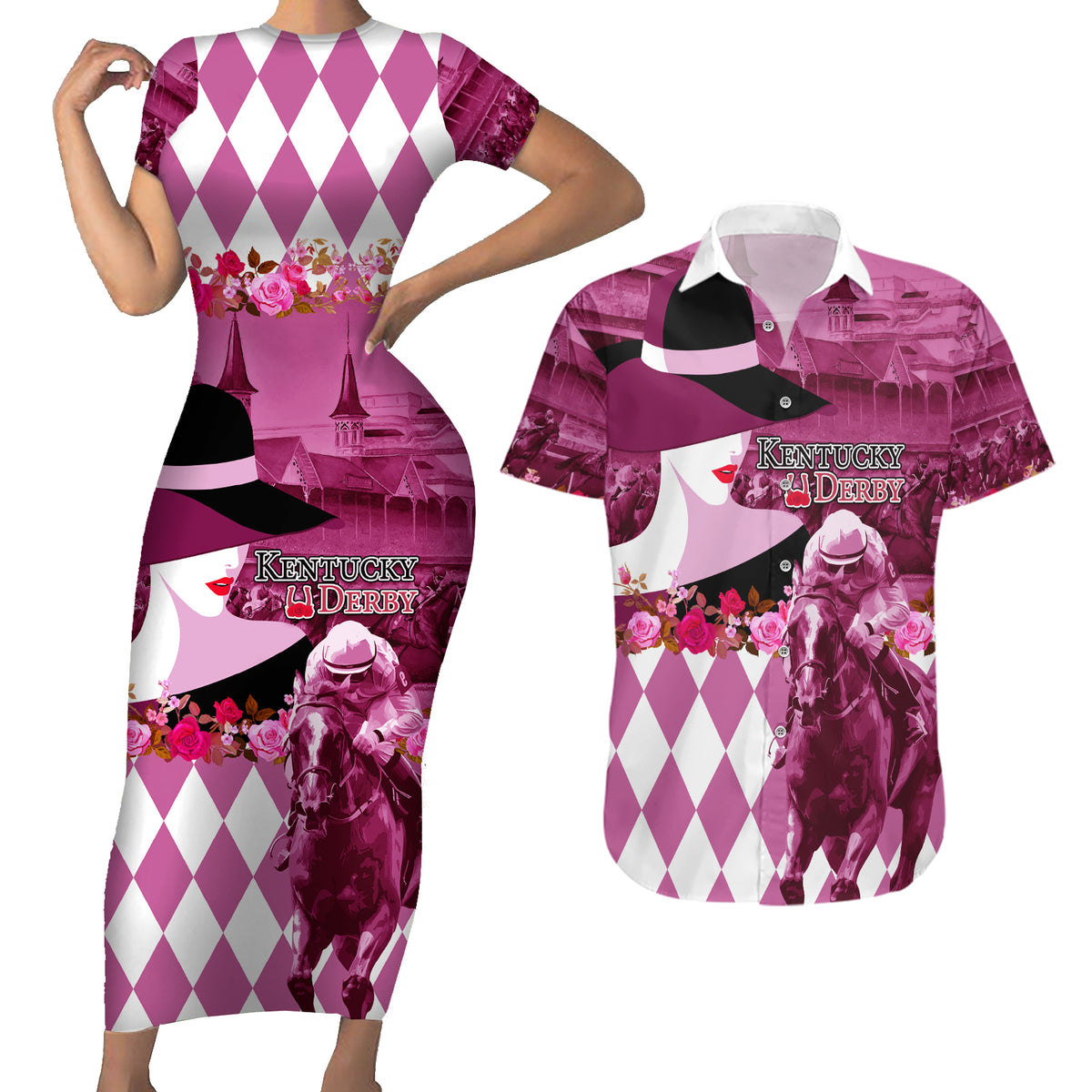 Kentucky Racing Horses Derby Hat Lady Couples Matching Short Sleeve Bodycon Dress and Hawaiian Shirt Churchill Downs and Roses Pink Out - Wonder Print Shop