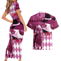 Kentucky Racing Horses Derby Hat Lady Couples Matching Short Sleeve Bodycon Dress and Hawaiian Shirt Churchill Downs and Roses Pink Out - Wonder Print Shop
