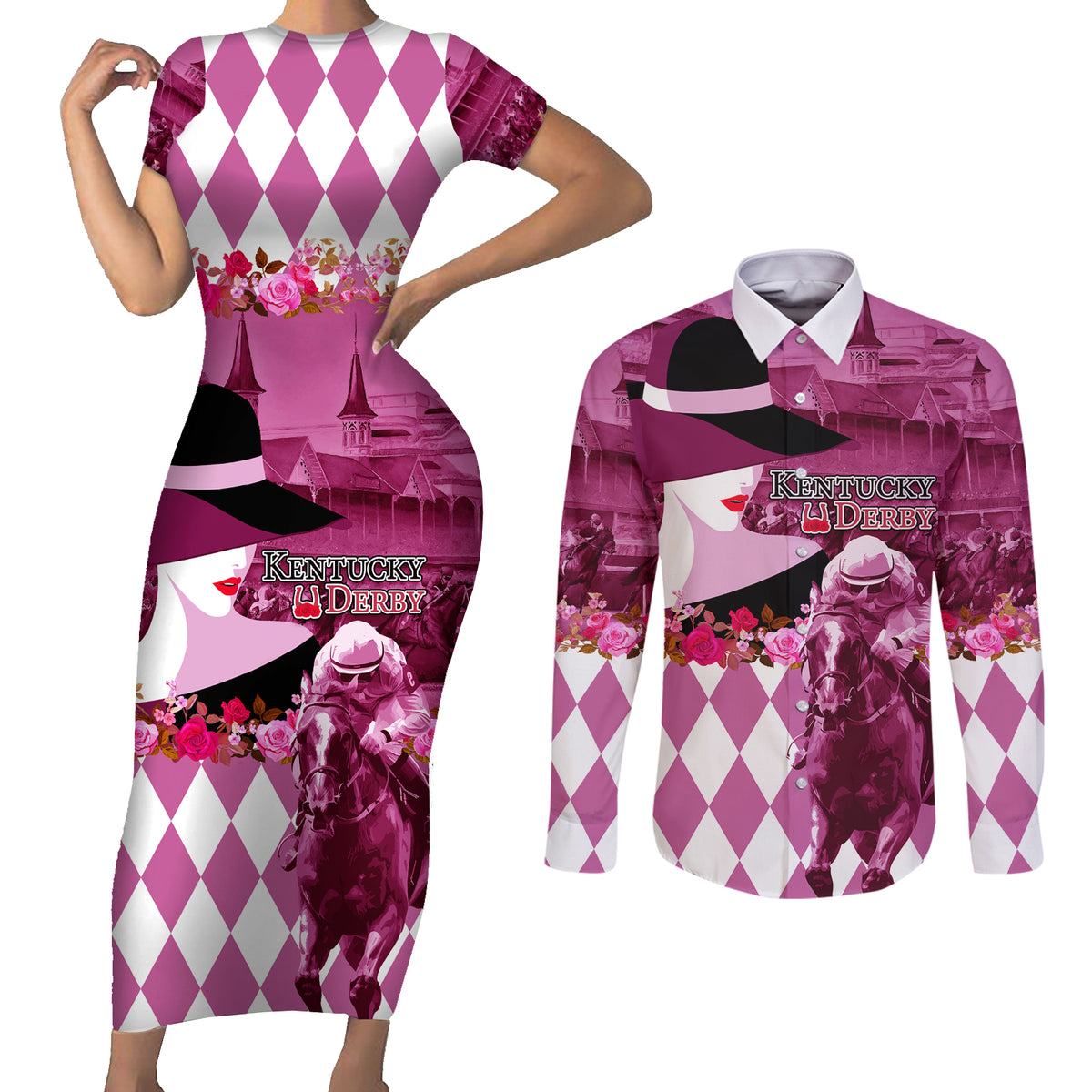 Kentucky Racing Horses Derby Hat Lady Couples Matching Short Sleeve Bodycon Dress and Long Sleeve Button Shirt Churchill Downs and Roses Pink Out - Wonder Print Shop