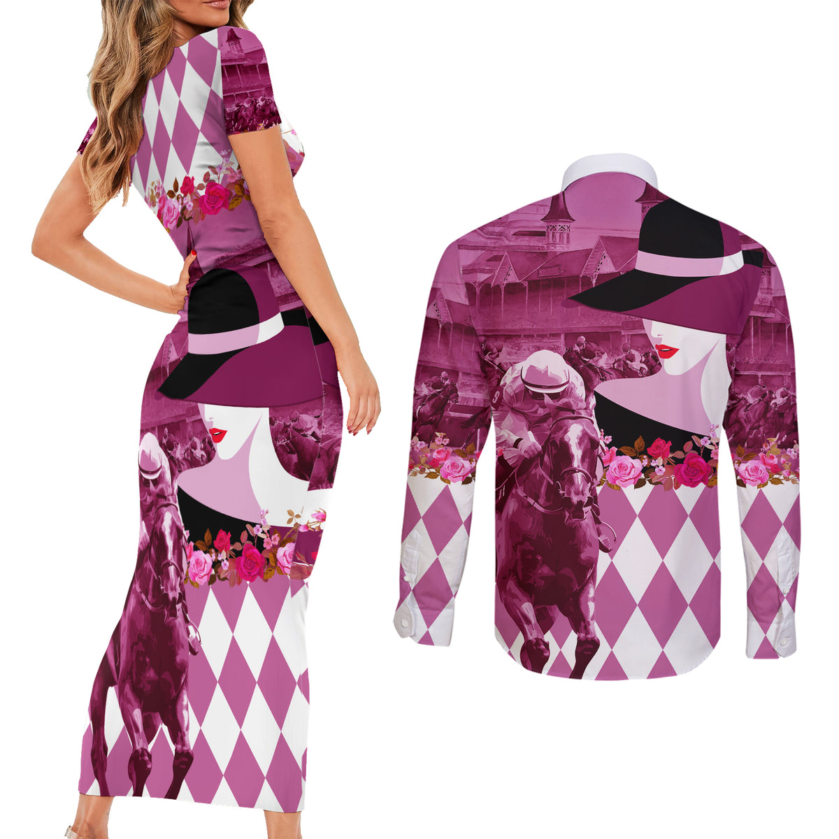 Kentucky Racing Horses Derby Hat Lady Couples Matching Short Sleeve Bodycon Dress and Long Sleeve Button Shirt Churchill Downs and Roses Pink Out - Wonder Print Shop