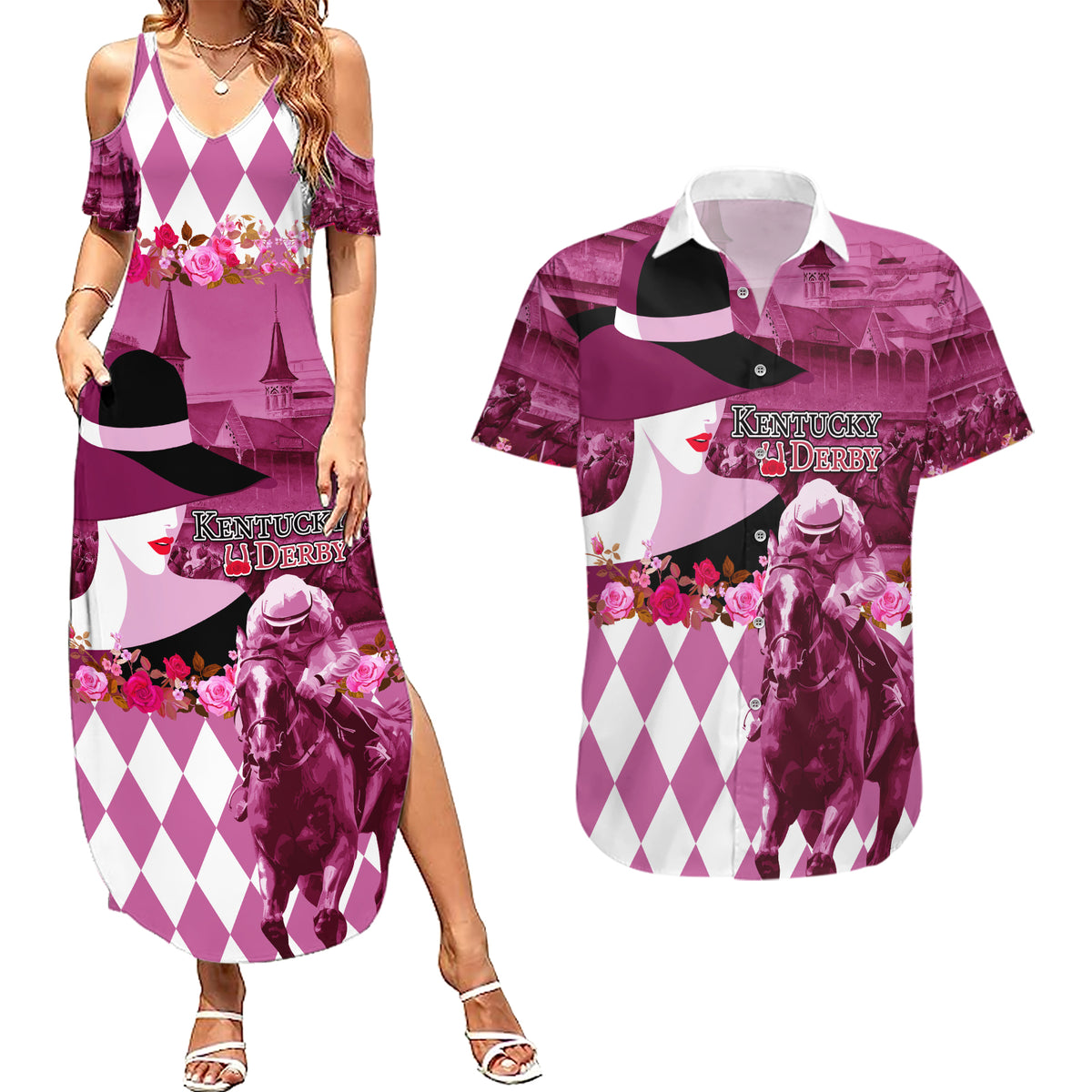 Kentucky Racing Horses Derby Hat Lady Couples Matching Summer Maxi Dress and Hawaiian Shirt Churchill Downs and Roses Pink Out - Wonder Print Shop