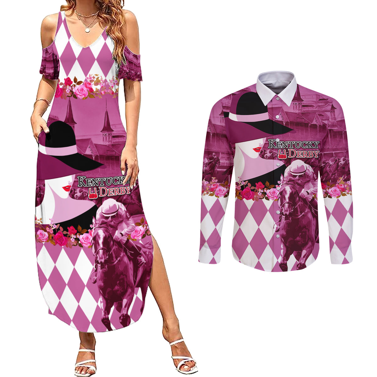 Kentucky Racing Horses Derby Hat Lady Couples Matching Summer Maxi Dress and Long Sleeve Button Shirt Churchill Downs and Roses Pink Out - Wonder Print Shop
