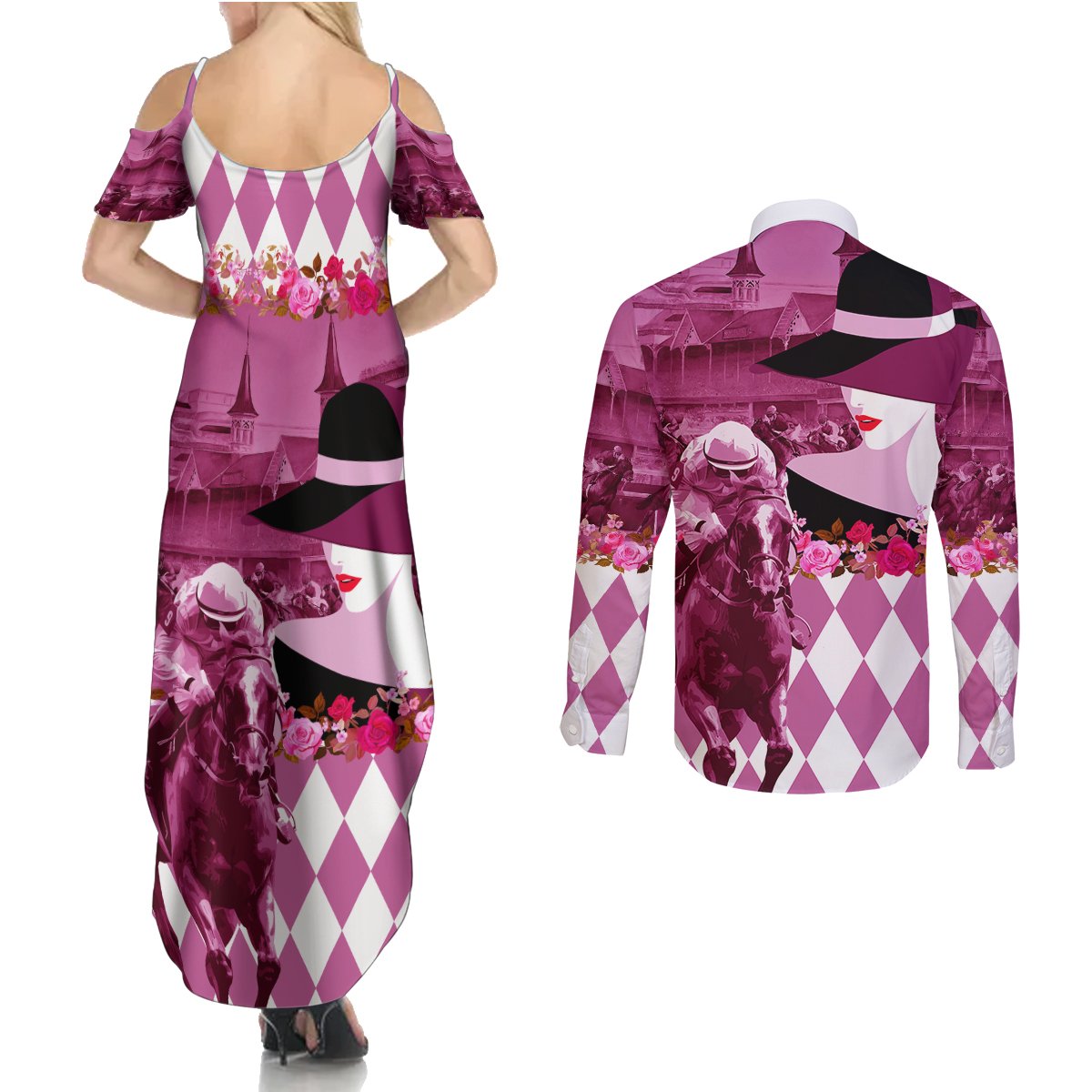 Kentucky Racing Horses Derby Hat Lady Couples Matching Summer Maxi Dress and Long Sleeve Button Shirt Churchill Downs and Roses Pink Out - Wonder Print Shop
