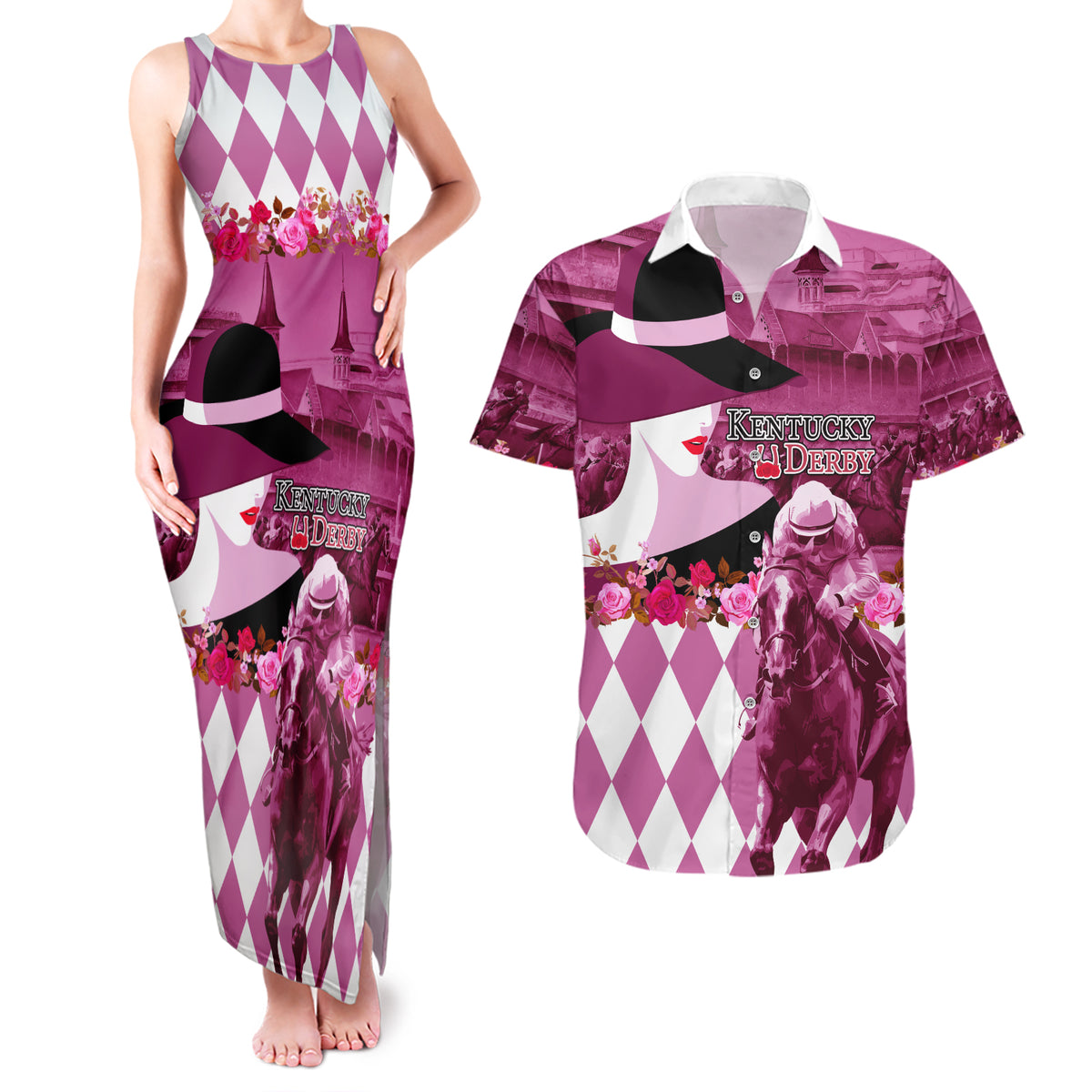 Kentucky Racing Horses Derby Hat Lady Couples Matching Tank Maxi Dress and Hawaiian Shirt Churchill Downs and Roses Pink Out - Wonder Print Shop