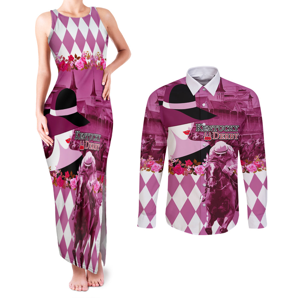 Kentucky Racing Horses Derby Hat Lady Couples Matching Tank Maxi Dress and Long Sleeve Button Shirt Churchill Downs and Roses Pink Out - Wonder Print Shop