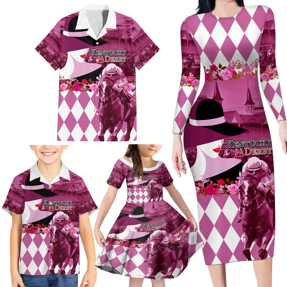 Kentucky Racing Horses Derby Hat Lady Family Matching Long Sleeve Bodycon Dress and Hawaiian Shirt Churchill Downs and Roses Pink Out - Wonder Print Shop