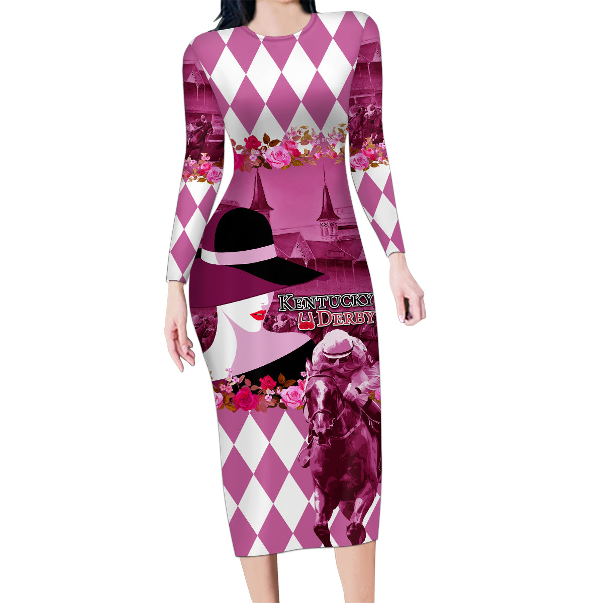 Kentucky Racing Horses Derby Hat Lady Family Matching Long Sleeve Bodycon Dress and Hawaiian Shirt Churchill Downs and Roses Pink Out - Wonder Print Shop