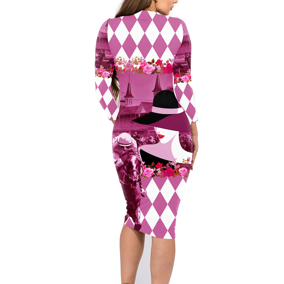 Kentucky Racing Horses Derby Hat Lady Family Matching Long Sleeve Bodycon Dress and Hawaiian Shirt Churchill Downs and Roses Pink Out - Wonder Print Shop