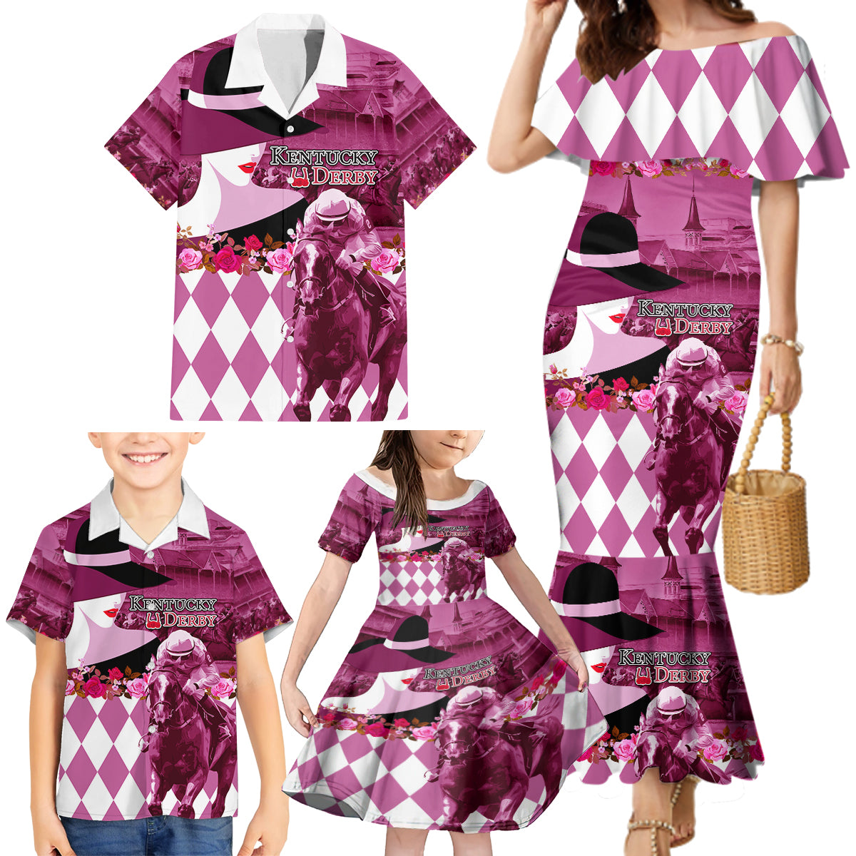 Kentucky Racing Horses Derby Hat Lady Family Matching Mermaid Dress and Hawaiian Shirt Churchill Downs and Roses Pink Out - Wonder Print Shop