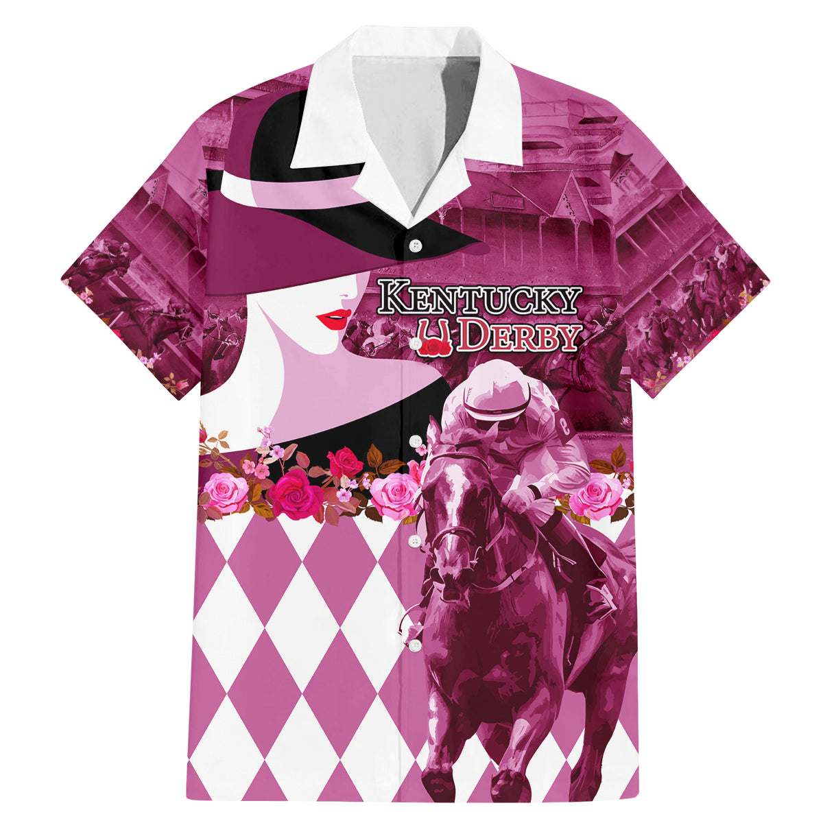 Kentucky Racing Horses Derby Hat Lady Family Matching Mermaid Dress and Hawaiian Shirt Churchill Downs and Roses Pink Out - Wonder Print Shop