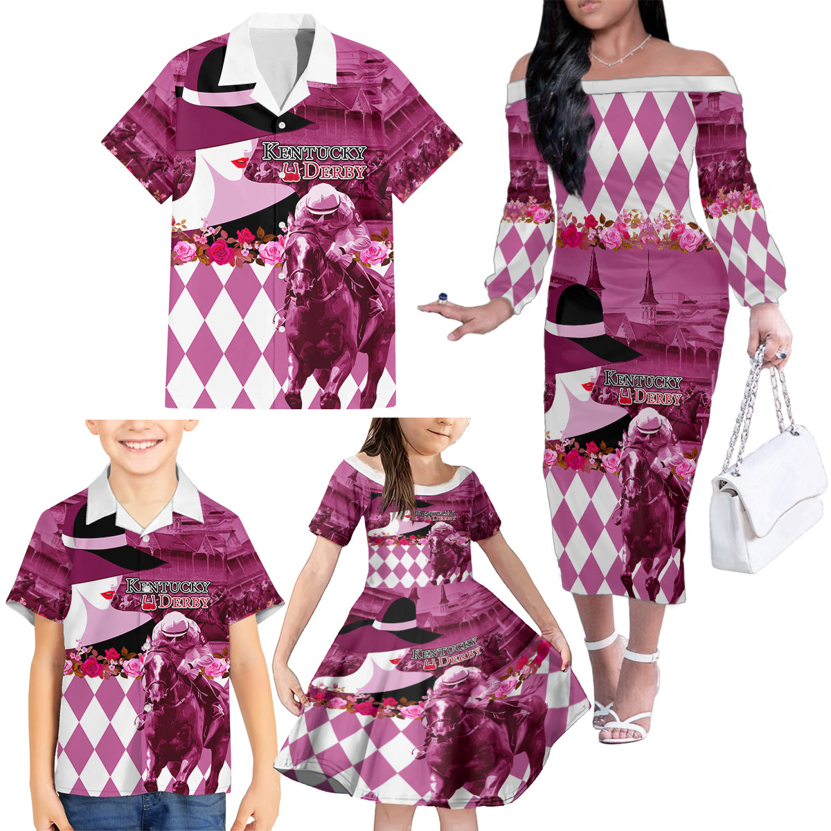 Kentucky Racing Horses Derby Hat Lady Family Matching Off The Shoulder Long Sleeve Dress and Hawaiian Shirt Churchill Downs and Roses Pink Out - Wonder Print Shop
