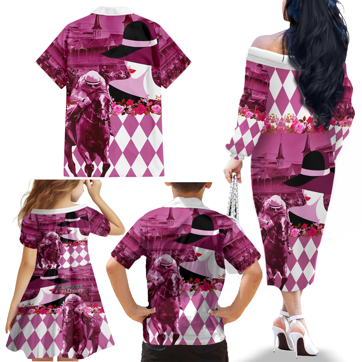 Kentucky Racing Horses Derby Hat Lady Family Matching Off The Shoulder Long Sleeve Dress and Hawaiian Shirt Churchill Downs and Roses Pink Out - Wonder Print Shop
