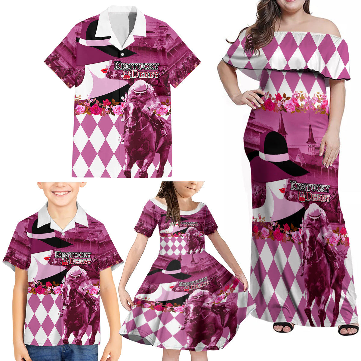 Kentucky Racing Horses Derby Hat Lady Family Matching Off Shoulder Maxi Dress and Hawaiian Shirt Churchill Downs and Roses Pink Out - Wonder Print Shop