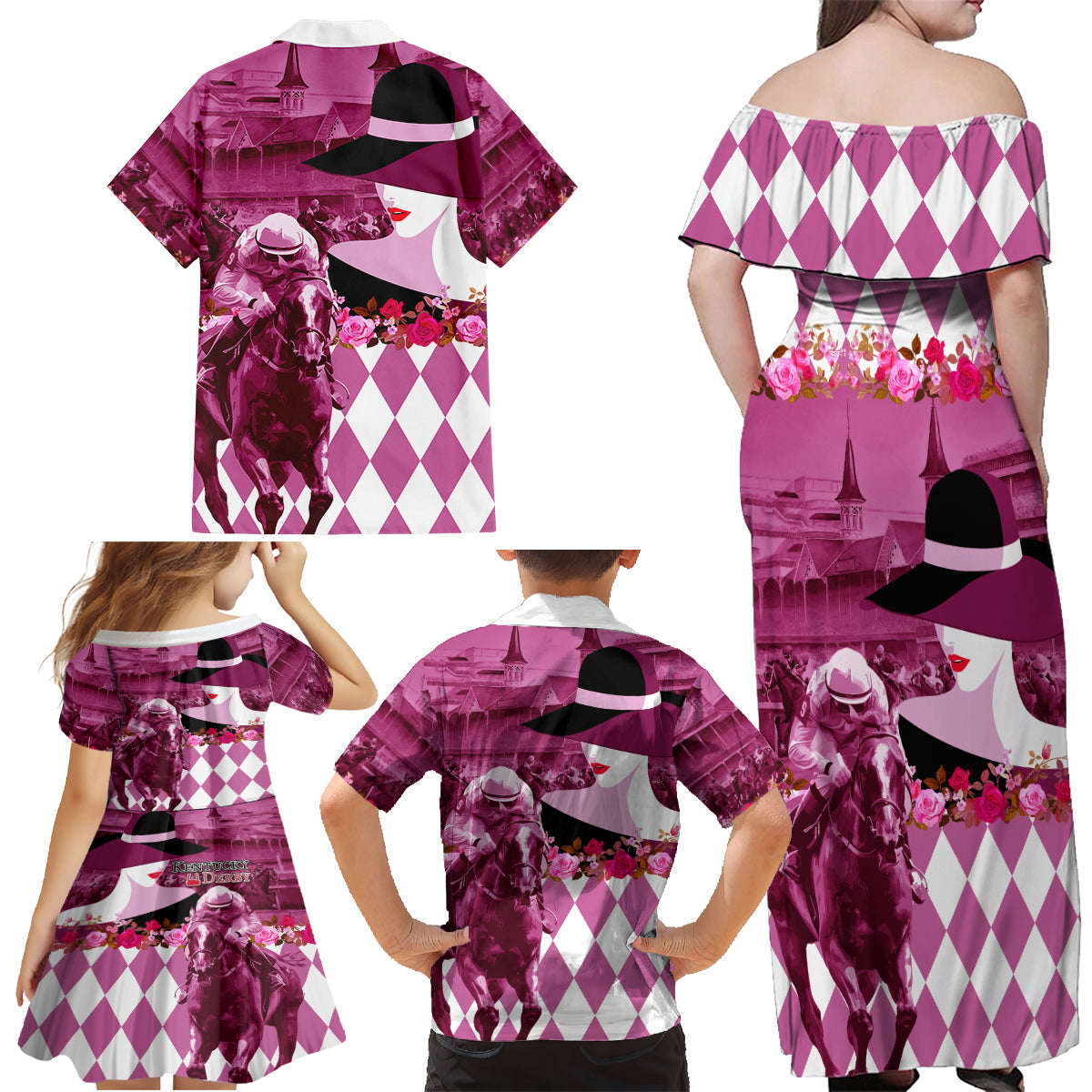 Kentucky Racing Horses Derby Hat Lady Family Matching Off Shoulder Maxi Dress and Hawaiian Shirt Churchill Downs and Roses Pink Out - Wonder Print Shop