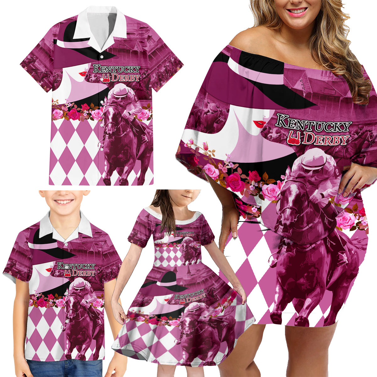 Kentucky Racing Horses Derby Hat Lady Family Matching Off Shoulder Short Dress and Hawaiian Shirt Churchill Downs and Roses Pink Out - Wonder Print Shop