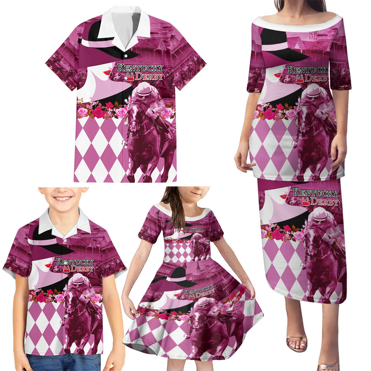 Kentucky Racing Horses Derby Hat Lady Family Matching Puletasi and Hawaiian Shirt Churchill Downs and Roses Pink Out - Wonder Print Shop
