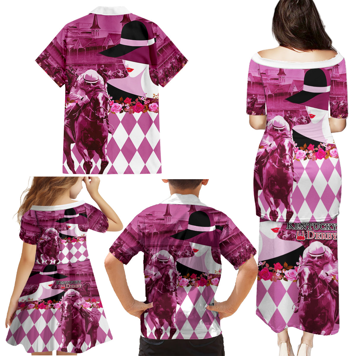 Kentucky Racing Horses Derby Hat Lady Family Matching Puletasi and Hawaiian Shirt Churchill Downs and Roses Pink Out - Wonder Print Shop