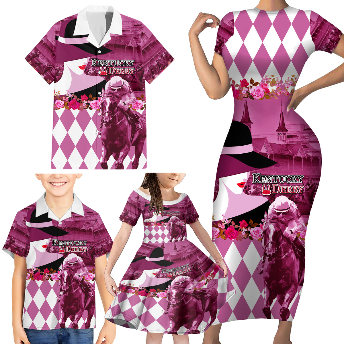 Kentucky Racing Horses Derby Hat Lady Family Matching Short Sleeve Bodycon Dress and Hawaiian Shirt Churchill Downs and Roses Pink Out - Wonder Print Shop