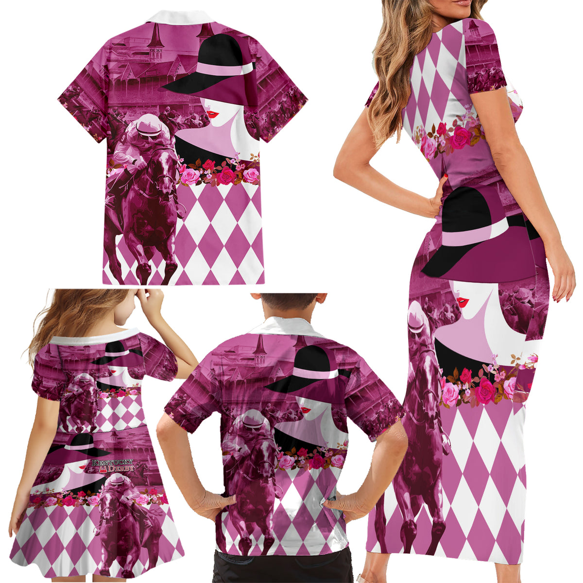 Kentucky Racing Horses Derby Hat Lady Family Matching Short Sleeve Bodycon Dress and Hawaiian Shirt Churchill Downs and Roses Pink Out - Wonder Print Shop