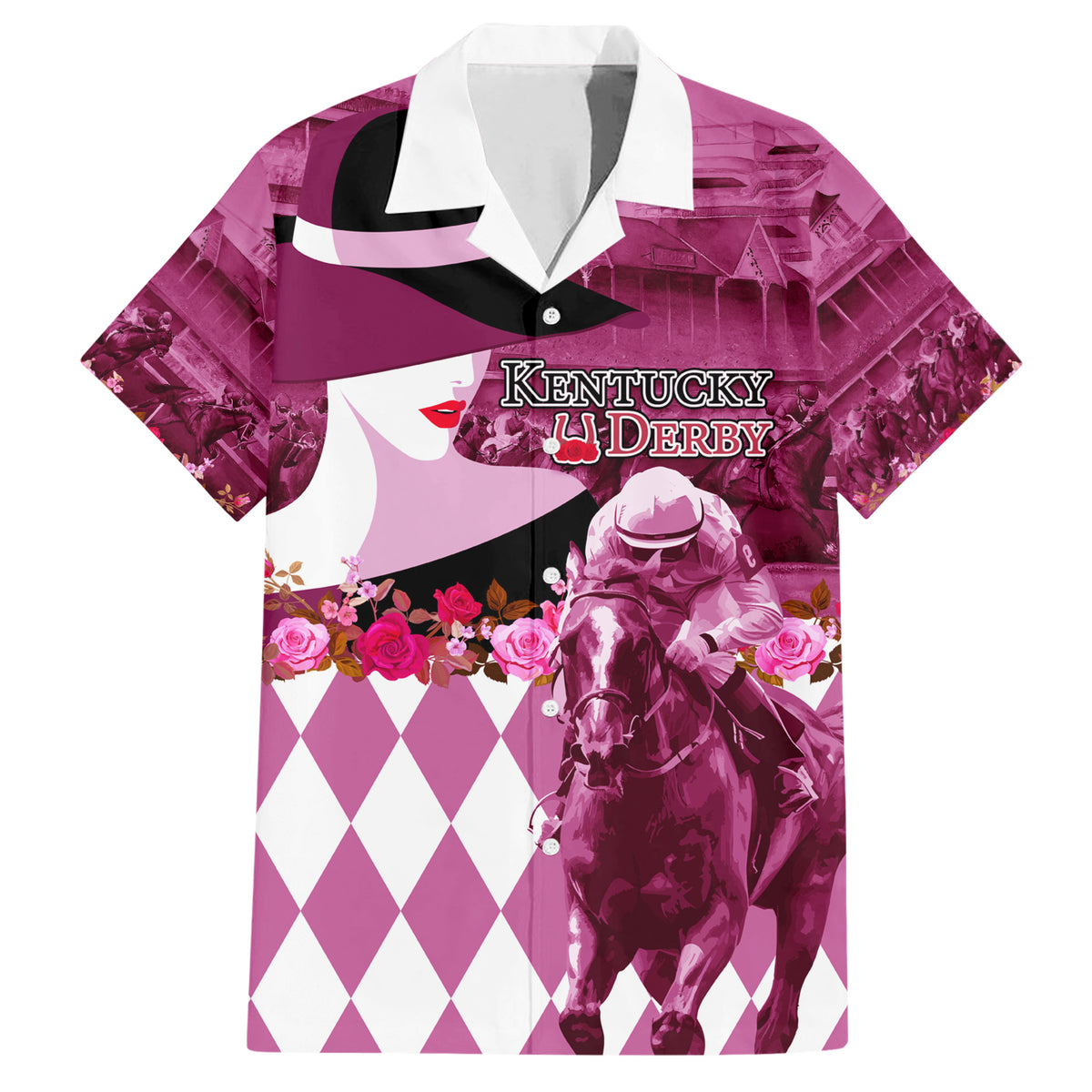 Kentucky Racing Horses Derby Hat Lady Family Matching Short Sleeve Bodycon Dress and Hawaiian Shirt Churchill Downs and Roses Pink Out - Wonder Print Shop