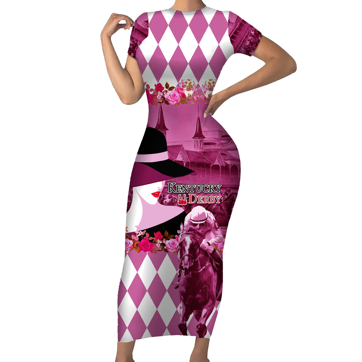 Kentucky Racing Horses Derby Hat Lady Family Matching Short Sleeve Bodycon Dress and Hawaiian Shirt Churchill Downs and Roses Pink Out - Wonder Print Shop