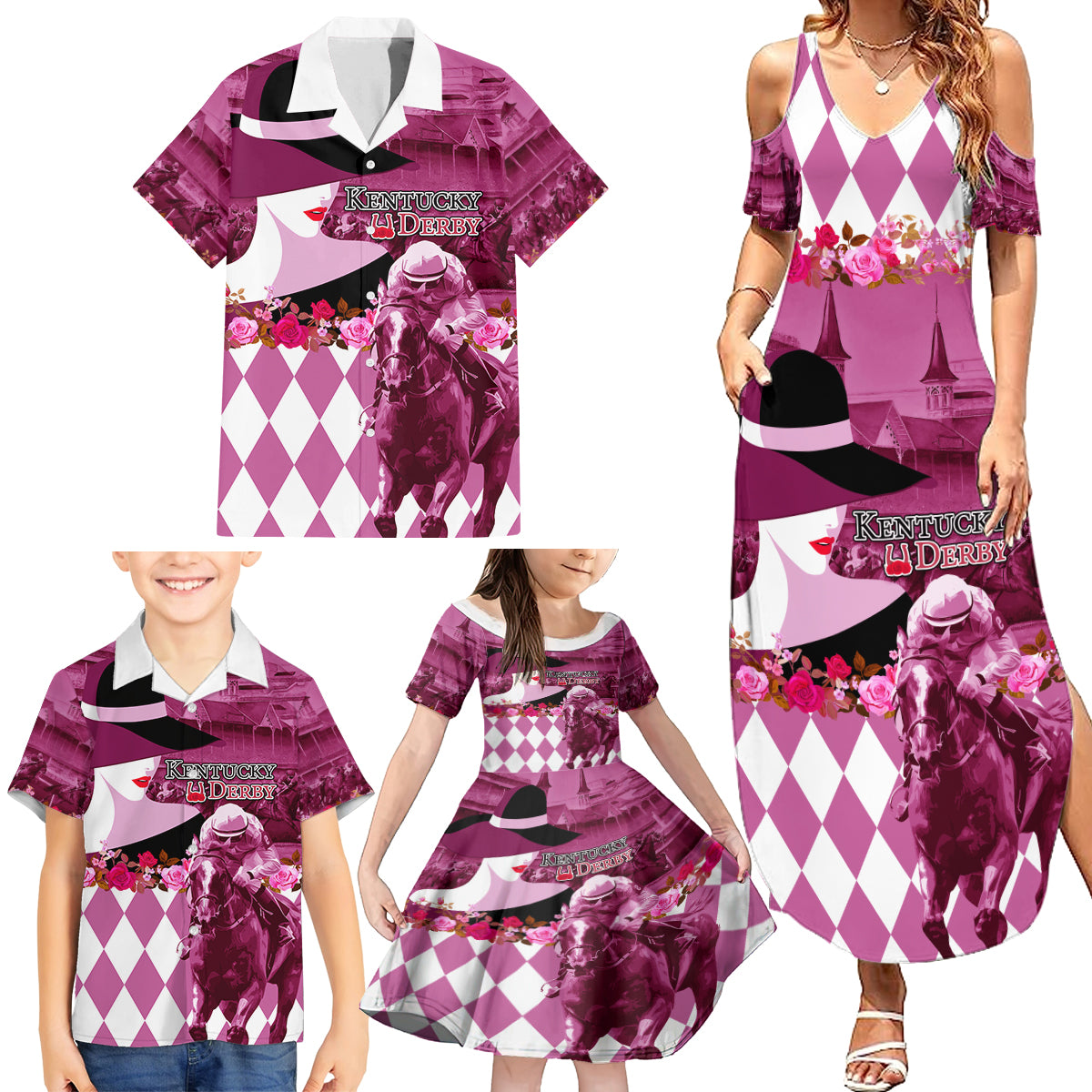 Kentucky Racing Horses Derby Hat Lady Family Matching Summer Maxi Dress and Hawaiian Shirt Churchill Downs and Roses Pink Out - Wonder Print Shop