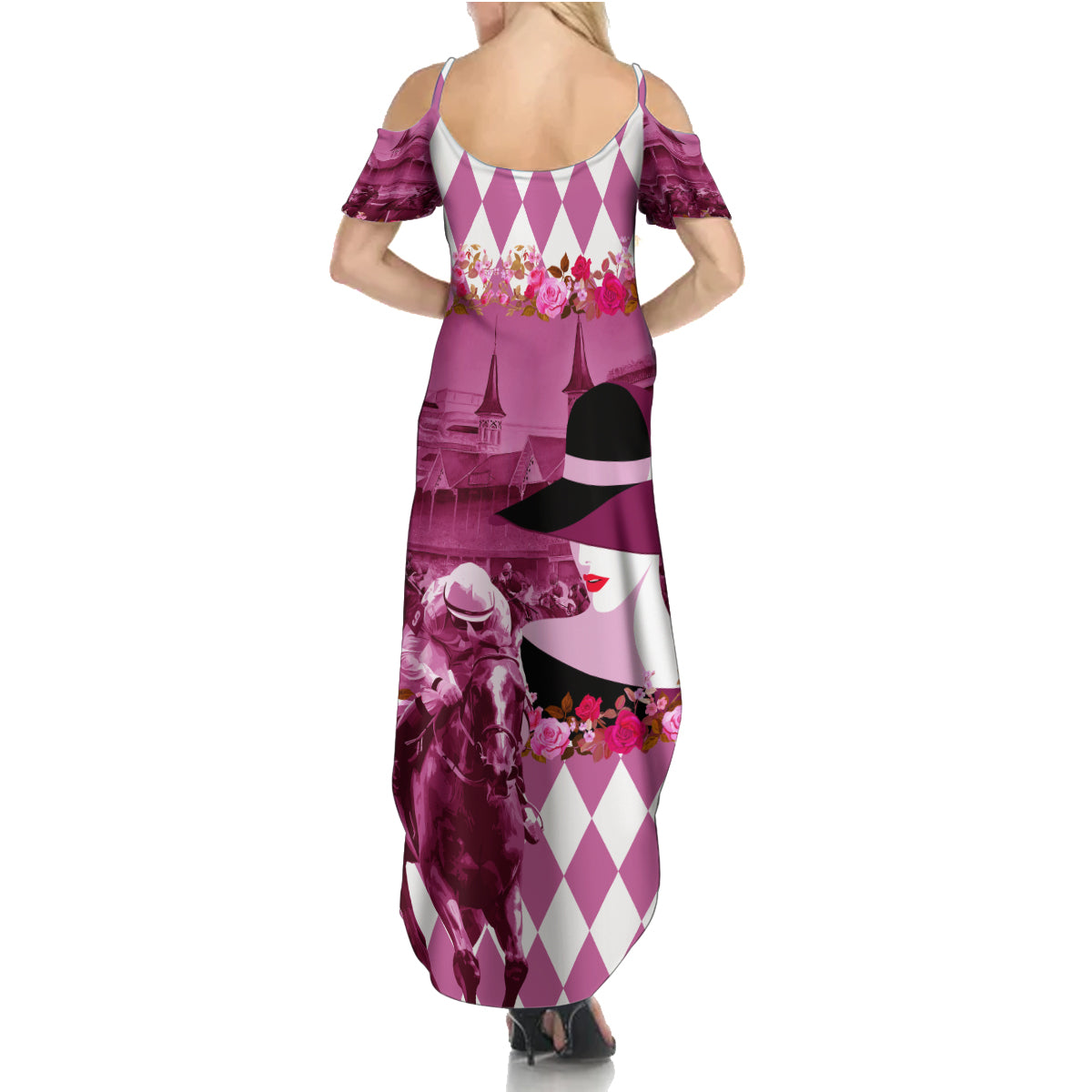 Kentucky Racing Horses Derby Hat Lady Family Matching Summer Maxi Dress and Hawaiian Shirt Churchill Downs and Roses Pink Out - Wonder Print Shop