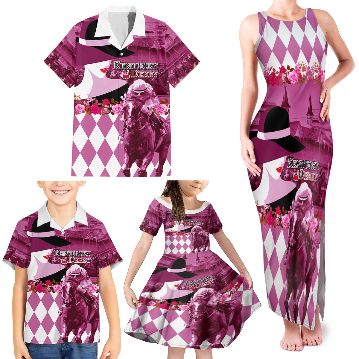 Kentucky Racing Horses Derby Hat Lady Family Matching Tank Maxi Dress and Hawaiian Shirt Churchill Downs and Roses Pink Out - Wonder Print Shop