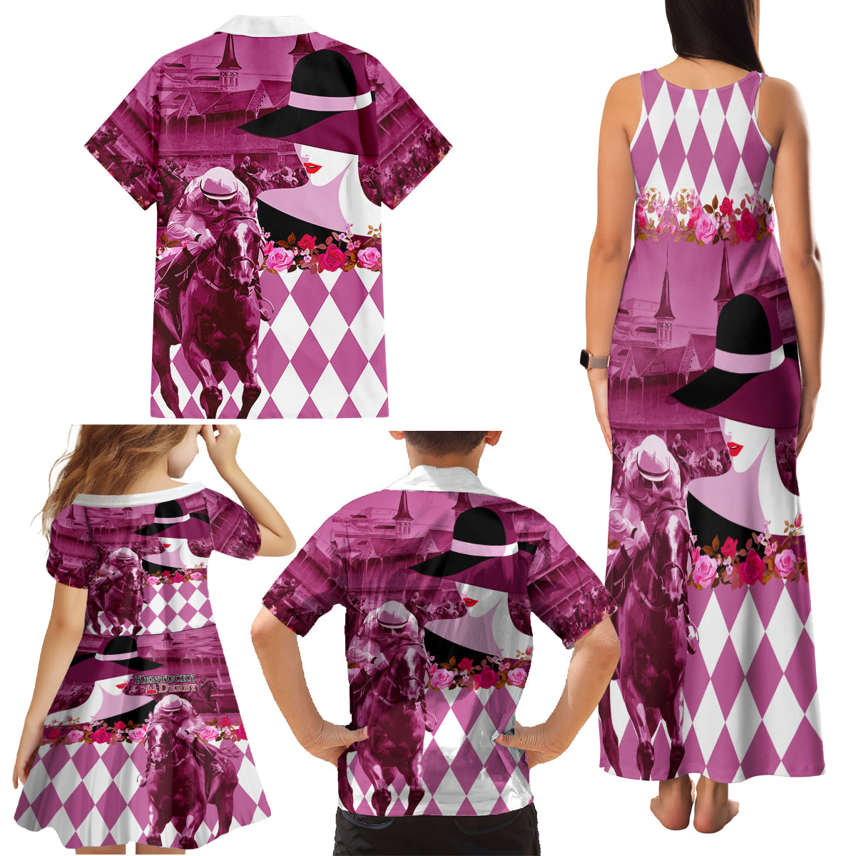 Kentucky Racing Horses Derby Hat Lady Family Matching Tank Maxi Dress and Hawaiian Shirt Churchill Downs and Roses Pink Out - Wonder Print Shop