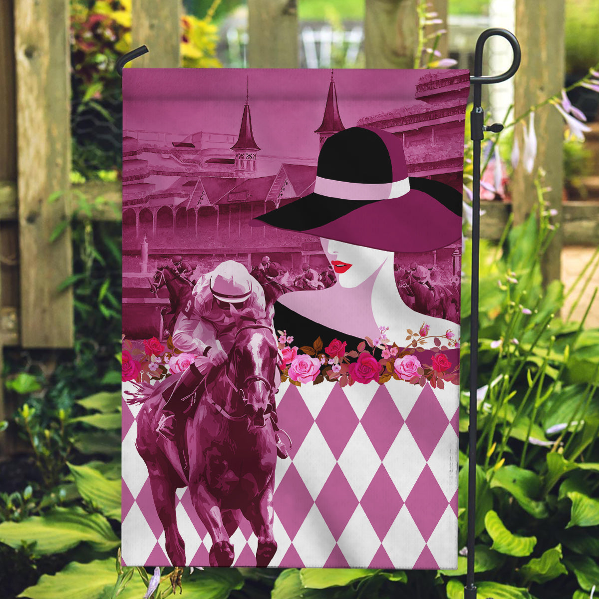 Kentucky Racing Horses Derby Hat Lady Garden Flag Churchill Downs and Roses Pink Out - Wonder Print Shop