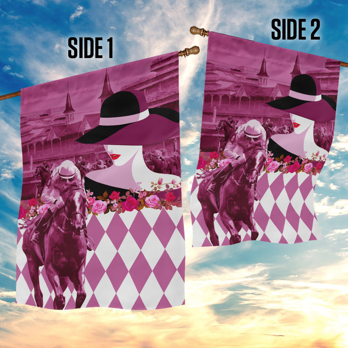 Kentucky Racing Horses Derby Hat Lady Garden Flag Churchill Downs and Roses Pink Out - Wonder Print Shop