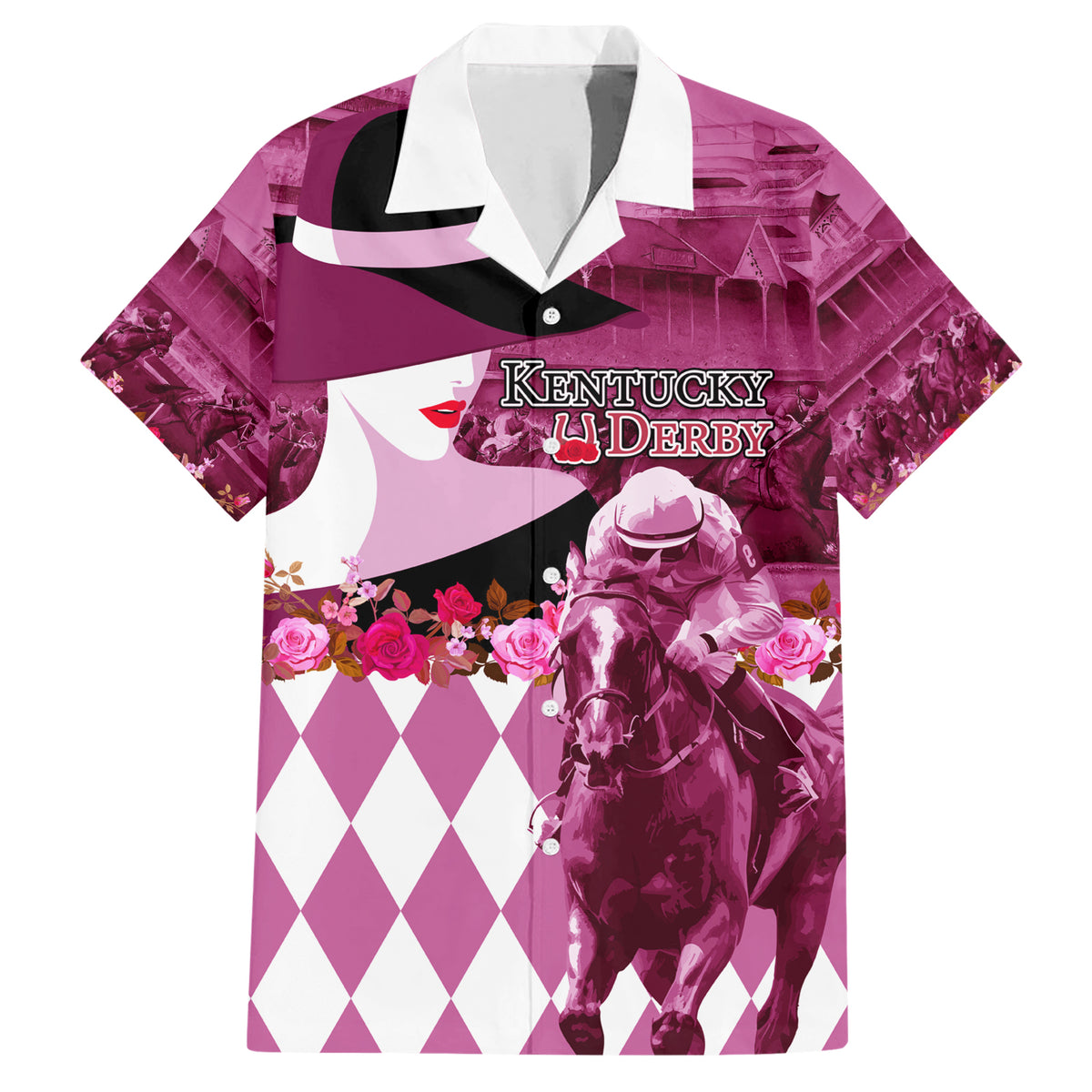 Kentucky Racing Horses Derby Hat Lady Hawaiian Shirt Churchill Downs and Roses Pink Out - Wonder Print Shop